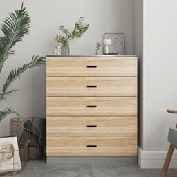 Urbnliving Height 90.5Cm 5 Drawer Wooden Bedroom Chest Cabinet Grey Carcass And Oak Drawers Modern Wide Storage Cupboard Closet - thumbnail 4