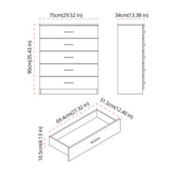 Urbnliving Height 90.5Cm 5 Drawer Wooden Bedroom Chest Cabinet Grey Carcass And Oak Drawers Modern Wide Storage Cupboard Closet - thumbnail 7