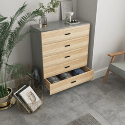 Urbnliving Height 90.5Cm 5 Drawer Wooden Bedroom Chest Cabinet Grey Carcass And Oak Drawers Modern Wide Storage Cupboard Closet - thumbnail 3