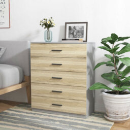 Urbnliving Height 90.5Cm 5 Drawer Wooden Bedroom Chest Cabinet Grey Carcass And Oak Drawers Modern Wide Storage Cupboard Closet - thumbnail 2