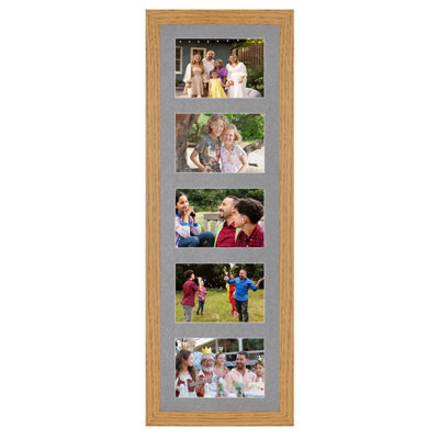AK Frames 26X8 Oak Modern Multi Photo Frame With Mid Grey Mount - Holds 5 Apertures (5X) 6X4 Photos - image 1