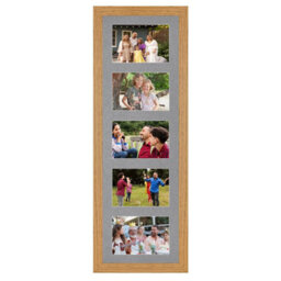 AK Frames 26X8 Oak Modern Multi Photo Frame With Mid Grey Mount - Holds 5 Apertures (5X) 6X4 Photos - thumbnail 1