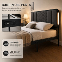 Sliding Wardrobes 4 u LTD Modern Fabric Bed Frame With Led Lighting, Diamond Quilted Headboard & Footboard, Reinforced Metal Slats - Dark Grey 91Cm - thumbnail 3