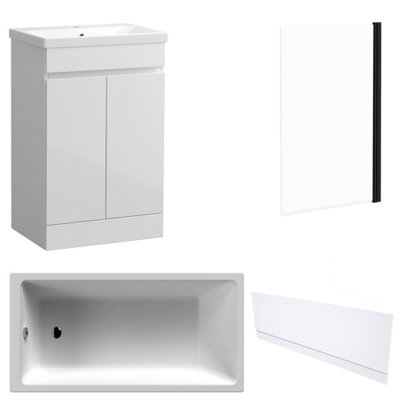FNX Bathrooms Waterproof 600mm Vanity Unit With Single Ended Bath, Gloss White Front Panel & Matt Black Profile Bath Screen - image 1