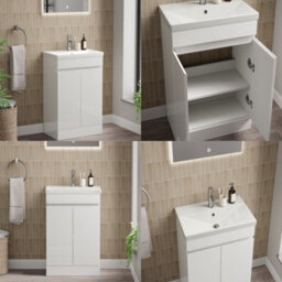 FNX Bathrooms Waterproof 600mm Vanity Unit With Single Ended Bath, Gloss White Front Panel & Matt Black Profile Bath Screen - thumbnail 4