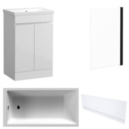 FNX Bathrooms Waterproof 600mm Vanity Unit With Single Ended Bath, Gloss White Front Panel & Matt Black Profile Bath Screen - thumbnail 1