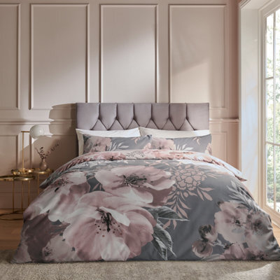 Catherine Lansfield Bedding Dramatic Floral Duvet Cover Set With Pillowcases Grey - image 1