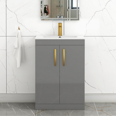 Royal Bathrooms Turin Indigo Grey Gloss 600mm Floor Standing Vanity Unit 2 Door With Minimalist Basin Sink & Brushed Brass Handles - image 1