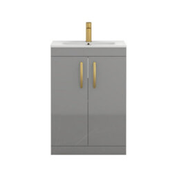 Royal Bathrooms Turin Indigo Grey Gloss 600mm Floor Standing Vanity Unit 2 Door With Minimalist Basin Sink & Brushed Brass Handles - thumbnail 6