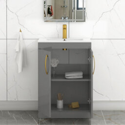 Royal Bathrooms Turin Indigo Grey Gloss 600mm Floor Standing Vanity Unit 2 Door With Minimalist Basin Sink & Brushed Brass Handles - thumbnail 3