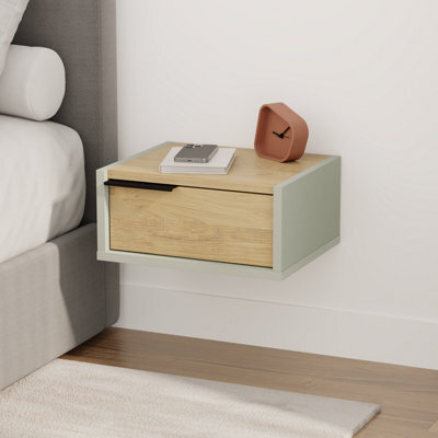 Decortie Eco Floating Bedside Table W/drawer Modern Nightstand Wall-Mounted Space Saver Metal Handle Bedroom Ash Green, Oak - image 1