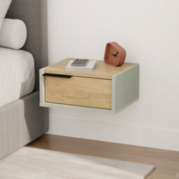 Decortie Eco Floating Bedside Table W/drawer Modern Nightstand Wall-Mounted Space Saver Metal Handle Bedroom Ash Green, Oak - thumbnail 1
