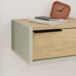 Decortie Eco Floating Bedside Table W/drawer Modern Nightstand Wall-Mounted Space Saver Metal Handle Bedroom Ash Green, Oak - thumbnail 5