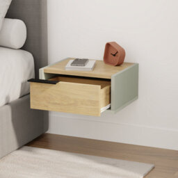 Decortie Eco Floating Bedside Table W/drawer Modern Nightstand Wall-Mounted Space Saver Metal Handle Bedroom Ash Green, Oak - thumbnail 4