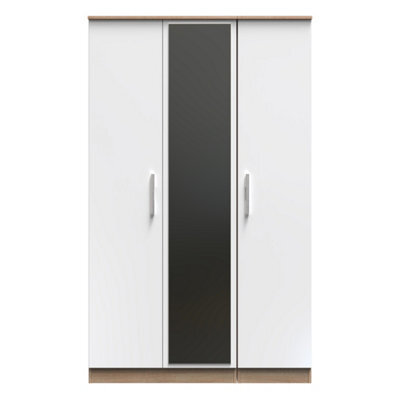 Trent Triple Mirrored Wardrobe In White Gloss & Bardolino Oak (Ready Assembled) - image 1