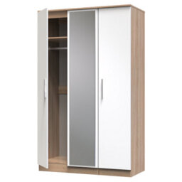 Trent Triple Mirrored Wardrobe In White Gloss & Bardolino Oak (Ready Assembled) - thumbnail 5