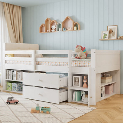 Merax 3Ft Single Bed 90X190 Cm, Wooden Storage Children's Bed With Safety Guardrail, Ladder, 2 Drawers & Velvet Headboard, White - image 1