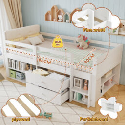 Merax 3Ft Single Bed 90X190 Cm, Wooden Storage Children's Bed With Safety Guardrail, Ladder, 2 Drawers & Velvet Headboard, White - thumbnail 5