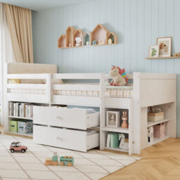 Merax 3Ft Single Bed 90X190 Cm, Wooden Storage Children's Bed With Safety Guardrail, Ladder, 2 Drawers & Velvet Headboard, White - thumbnail 1