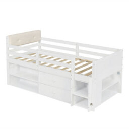 Merax 3Ft Single Bed 90X190 Cm, Wooden Storage Children's Bed With Safety Guardrail, Ladder, 2 Drawers & Velvet Headboard, White - thumbnail 7