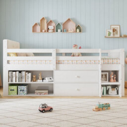 Merax 3Ft Single Bed 90X190 Cm, Wooden Storage Children's Bed With Safety Guardrail, Ladder, 2 Drawers & Velvet Headboard, White - thumbnail 2