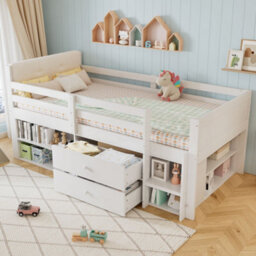 Merax 3Ft Single Bed 90X190 Cm, Wooden Storage Children's Bed With Safety Guardrail, Ladder, 2 Drawers & Velvet Headboard, White - thumbnail 3