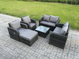 Fimous Rattan Sofa Set Outdoor Garden Furniture Set With Square Coffee Table Loveseat Sofa Reclining Chairs Big Footstool - thumbnail 2