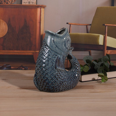 Ceramic Fish Gurgle Jug Vase Aqua 23Cm Decorative Home Ornament Coastal Gift