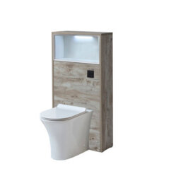 Homestylestore 600mm Light Oak Wc Unit Led Lit Shelf Toilet With Black Flush Button - thumbnail 1