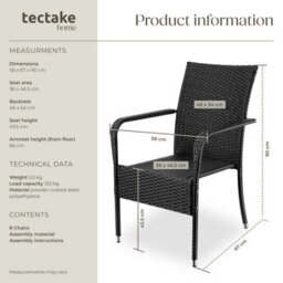 Tectake Rattan Garden Chair Girona - Polyrattan & Steel, Weather & Sun Resistant, Stackable - Black - Set Of 8 - thumbnail 6