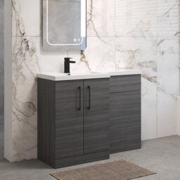Balterley Left-Hand Bathroom Vanity And Wc Unit Combination With Basin - 1100mm - Woodgrain Anthracite With Black Handles - thumbnail 4
