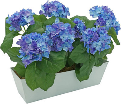 Greenbrokers Artificial Blue Hydrangea Flower Bush In White Tin Window Box (45Cm) With Nine Flower Clusters - image 1