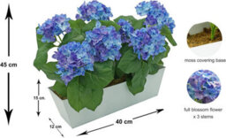 Greenbrokers Artificial Blue Hydrangea Flower Bush In White Tin Window Box (45Cm) With Nine Flower Clusters - thumbnail 2