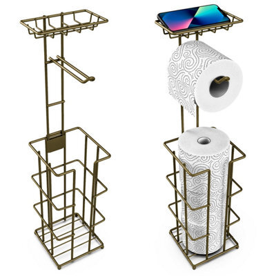 Vinsani Bronze Toilet Roll Holder Stand - Metal, Freestanding Storage