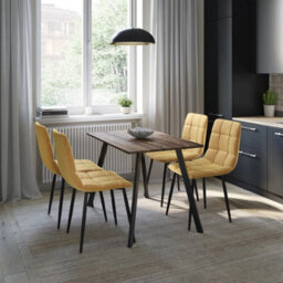 Urbn-Living Urbn Living 110Cm Dining Table & 4 Pcs Velvet Chairs Set Modern Metal Kitchen Furniture Rustic Oak Table And Curly Yellow Chair - thumbnail 2