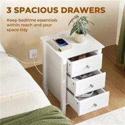 1 White 3-Drawer Bedside Table With Charging Station,modern Nightstand End Table,white - thumbnail 3