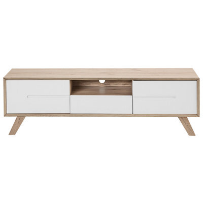 Beliani Tv Stand In White And Light Brown Veneer With 2 Cabinets, W150 X D40 X H45Cm - image 1