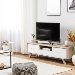 Beliani Tv Stand In White And Light Brown Veneer With 2 Cabinets, W150 X D40 X H45Cm - thumbnail 2