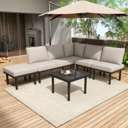 Abrihome Garden Lounge Set With Galvanized Iron Frame, Set Of 6, Smooth Glass Table Top, Including All Seat And Back Cushions, Beige - thumbnail 1