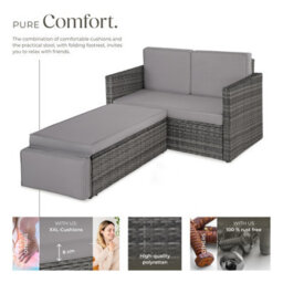 Tectake Garden Sofa Corfu - 2 Seater Sofa, Stool Sun Lounger, Thick Cushions  - Grey - thumbnail 3