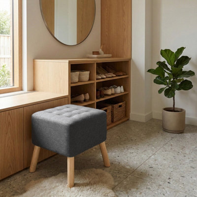 Living And Home Dark Grey Linen Upholstered Footstool With Button Tufted Seat, 41Cm W X 41Cm D X 41Cm H - image 1