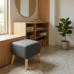 Living And Home Dark Grey Linen Upholstered Footstool With Button Tufted Seat, 41Cm W X 41Cm D X 41Cm H