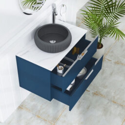 Royal Bathrooms Evora 800mm Midnight Blue Fluted Wall Hung Countertop Vanity Unit 2 Drawer With Milan Black Basin - thumbnail 3