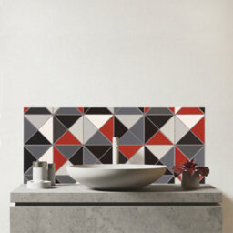 Warren Reed Designer Grey Red Triangle Geometric Glass Bathroom Splashback