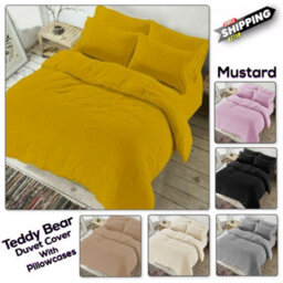 Chilimilii Teddy Bear Fleece Duvet Quilt Cover With Pillowcases Soft Warm Cosy Bedding Set (Mustard)