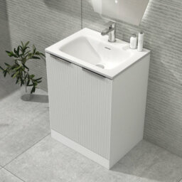 Royal Bathrooms Evora 600mm Matt White Fluted Floor Standing Bathroom Vanity Unit 2 Door Cabinet Storage With Stone Basin Sink - 1 Tap Hole - thumbnail 4