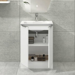 Royal Bathrooms Evora 600mm Matt White Fluted Floor Standing Bathroom Vanity Unit 2 Door Cabinet Storage With Stone Basin Sink - 1 Tap Hole - thumbnail 3