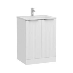 Royal Bathrooms Evora 600mm Matt White Fluted Floor Standing Bathroom Vanity Unit 2 Door Cabinet Storage With Stone Basin Sink - 1 Tap Hole - thumbnail 6