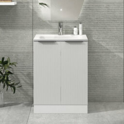 Royal Bathrooms Evora 600mm Matt White Fluted Floor Standing Bathroom Vanity Unit 2 Door Cabinet Storage With Stone Basin Sink - 1 Tap Hole