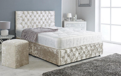 Adore Designs Adore Living Chesterfield Crushed Velvet Divan Bed With Orthopaedic Mattress And Square Stool In Cream